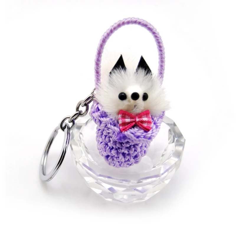 

Original New Lovely Basket Bear Keychain Women Raccoon Fluffy Key chain Genuine Mink Fur Pompom Key Ring Toy Bag Gift Key Holder