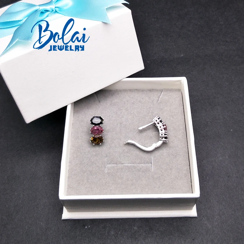 Bolaijewelry,natural multicolor tourmaline oval 5*7mm gemstone clasp earring 925 sterling silver fine jewelry women gift box