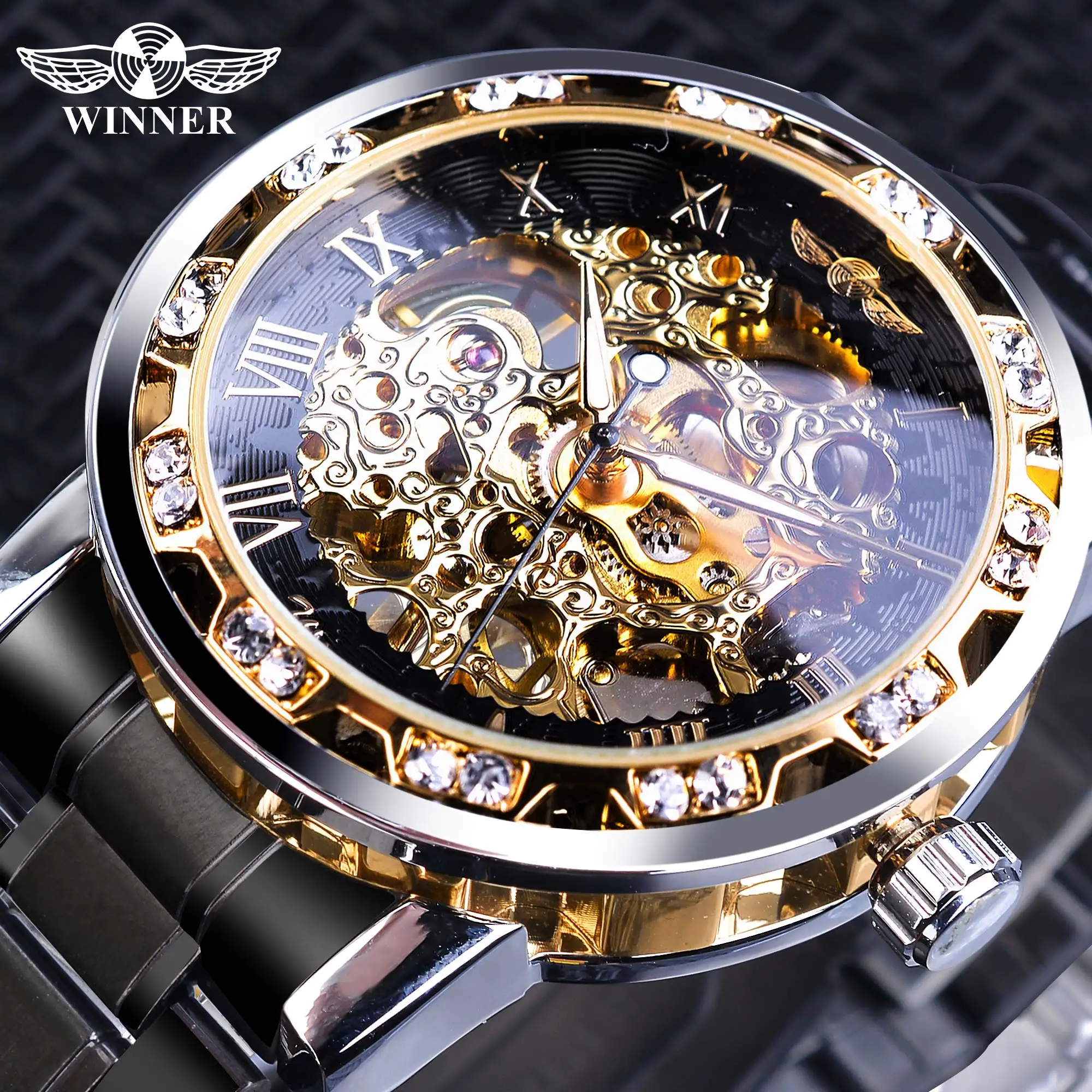 Vencedor-Homens Luxo Rhinestone Roman Black Stainless Steel Watch, Negócios Banda Mecânica, Relógio Esportes