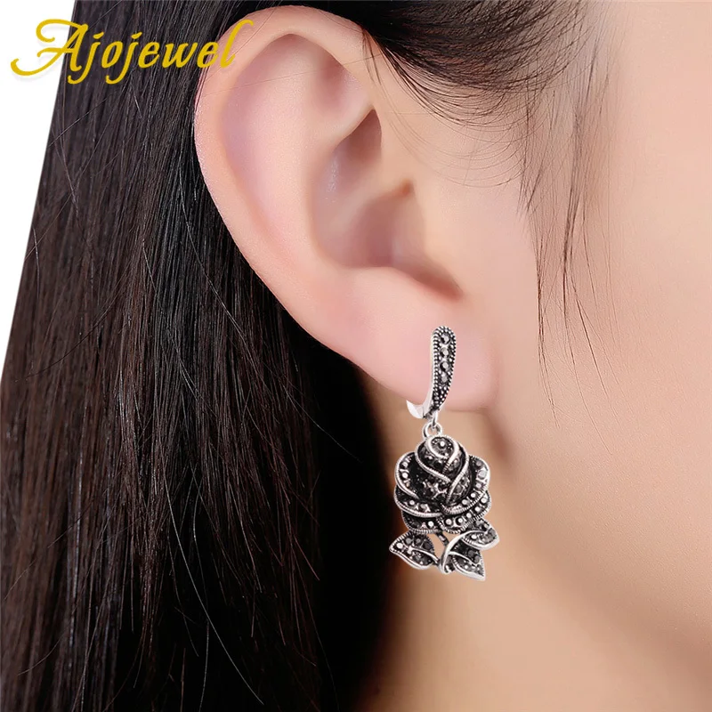 Ajojewel Vintage Rose Flower Earrings For Women Black Crystal Jewelry