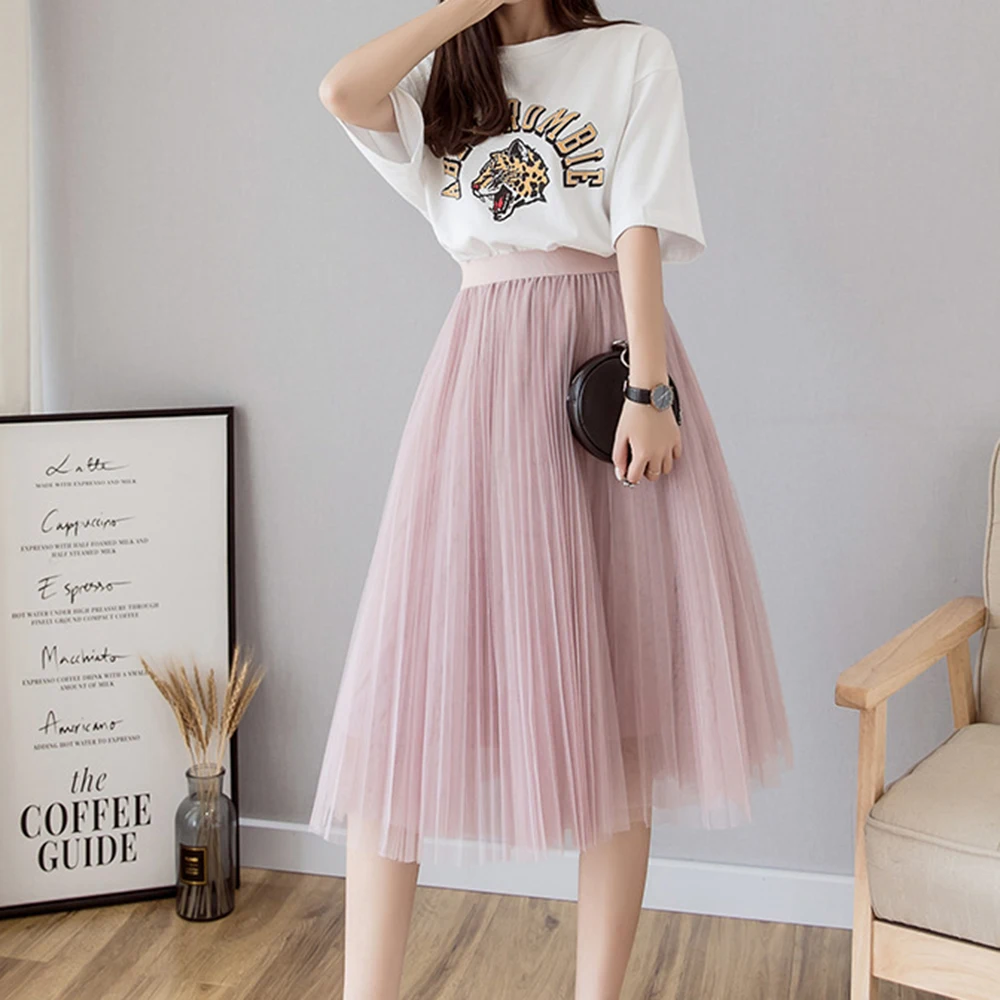 

Korean Mesh Pettiskirt Skirt Girls High Waist Female Autumn Summer Fairy Pleated Skirts Solid 6 Colors Elegant Preppy Style