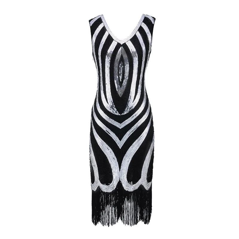 1920s Gatsby Charleston Sequin Fringe Flapper Dress Vestido Robe Double V-Neck Sleeveless Tiered Tassel Party Dress