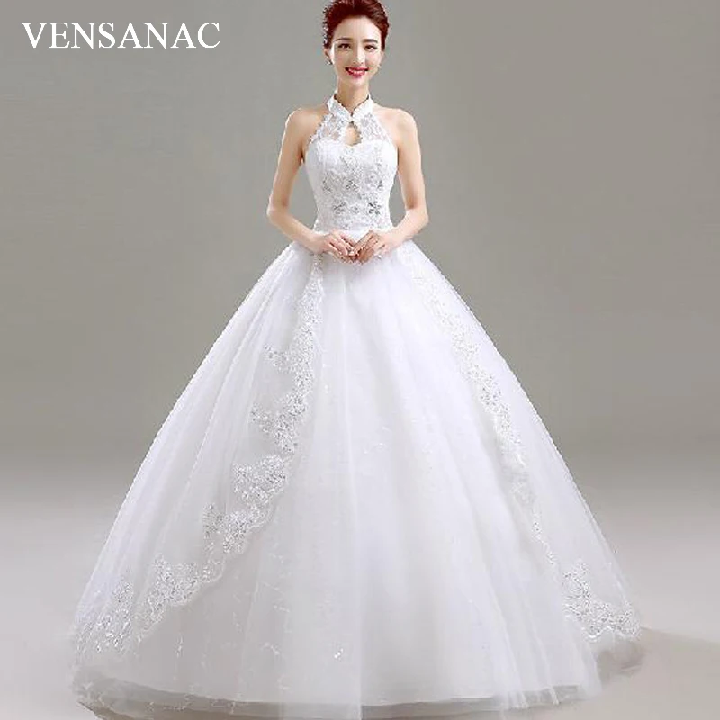 

VENSANAC Crystal Halter Sequined Ball Gown Wedding Dresses Elegant Lace Flowers Appliques Backless Bridal Gowns