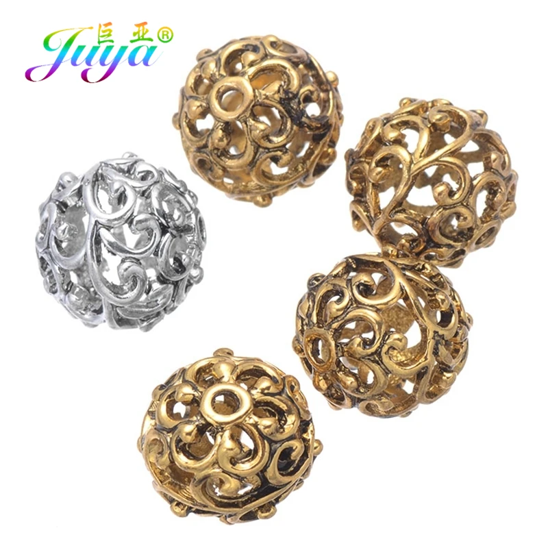 Juya 20pcs/Lot Wholesale Antique Gold/Silver Plated Hollow Decorative Charm Beads For Needlework Beadwork Jewelry Making