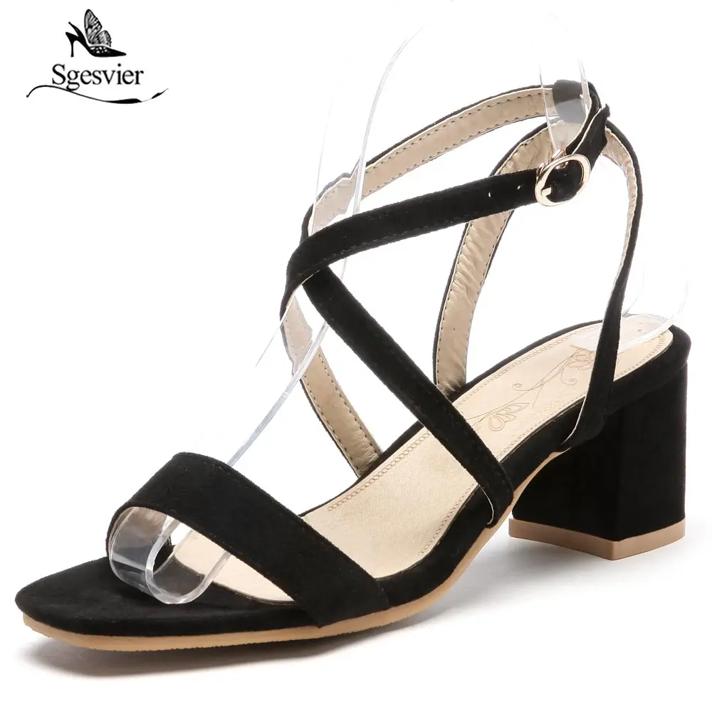 Sgesvier Women Sandals Flock Thick High Heels Rome Strips Female Lady Buckle Straps Summer Shoes Woman Large Size 31-46 B456