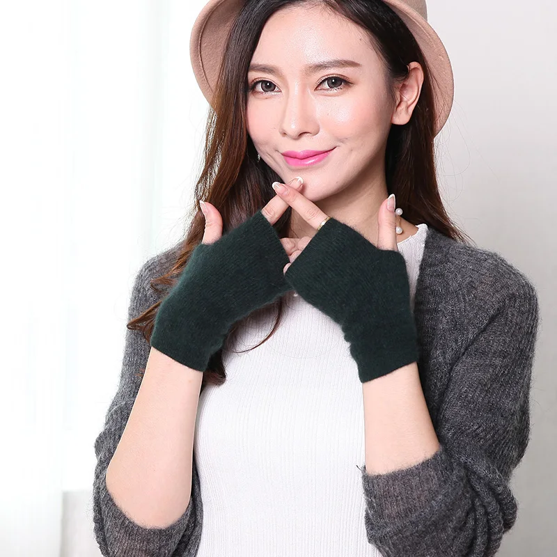 

Winter Mink Cashmere Knit Half-Finger Short Gloves Solid Color All-Match Elastic Gloves Women Thick Warm Mittens 3 pairs