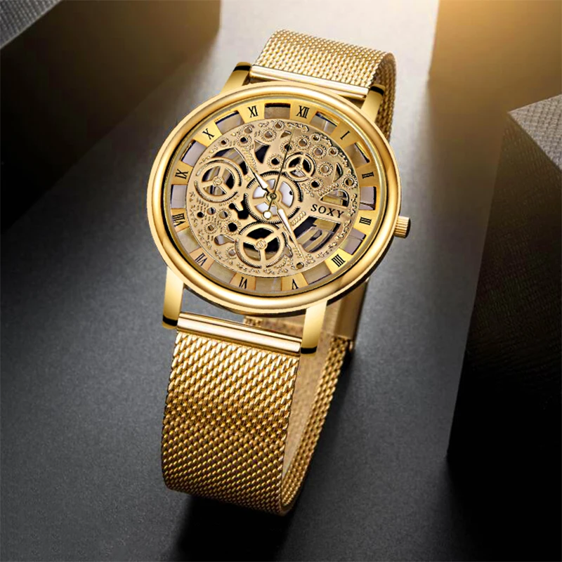 SOXY Luxury Skeleton Watch Men Watch Fashion Gold Watch Men Stainless Steel Clock Men\'s Watch reloj hombre relogio masculino