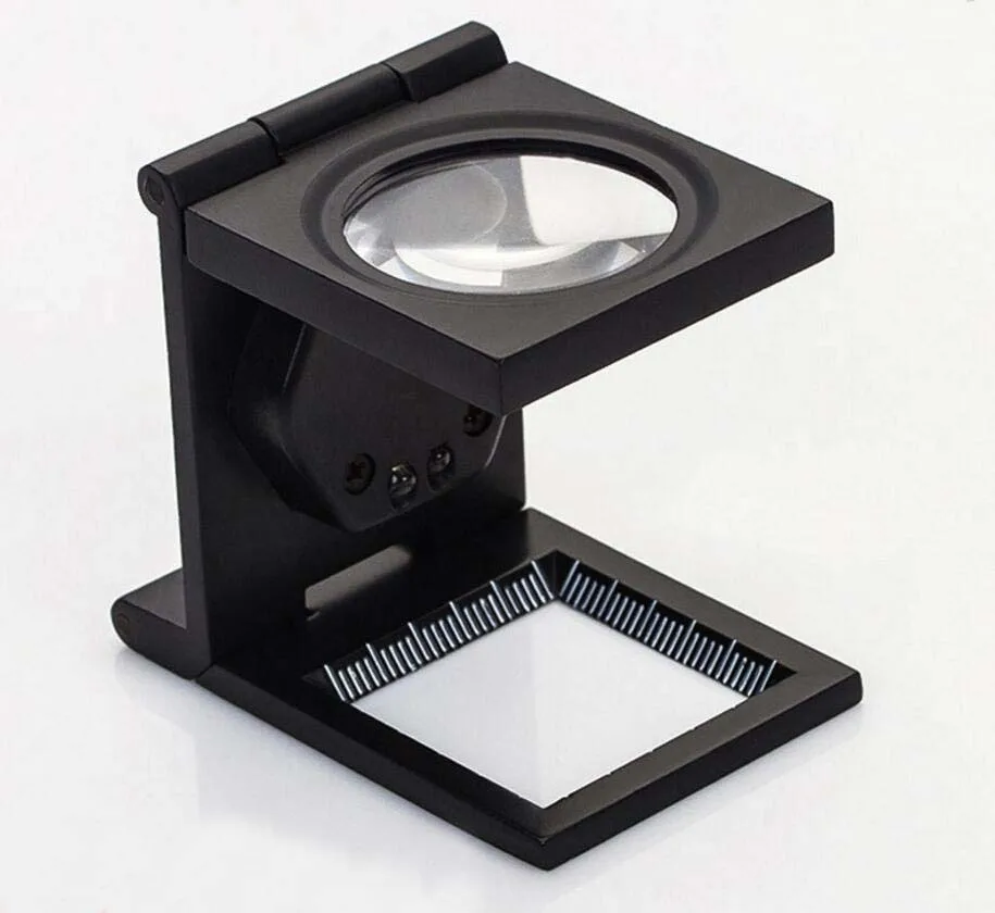 10X 28mm LED Illuminated Foldable Metal Cloth Magnifier Loupe Stand Cloth Measurement Magnifying Glass with Lamps and Scale 1mm