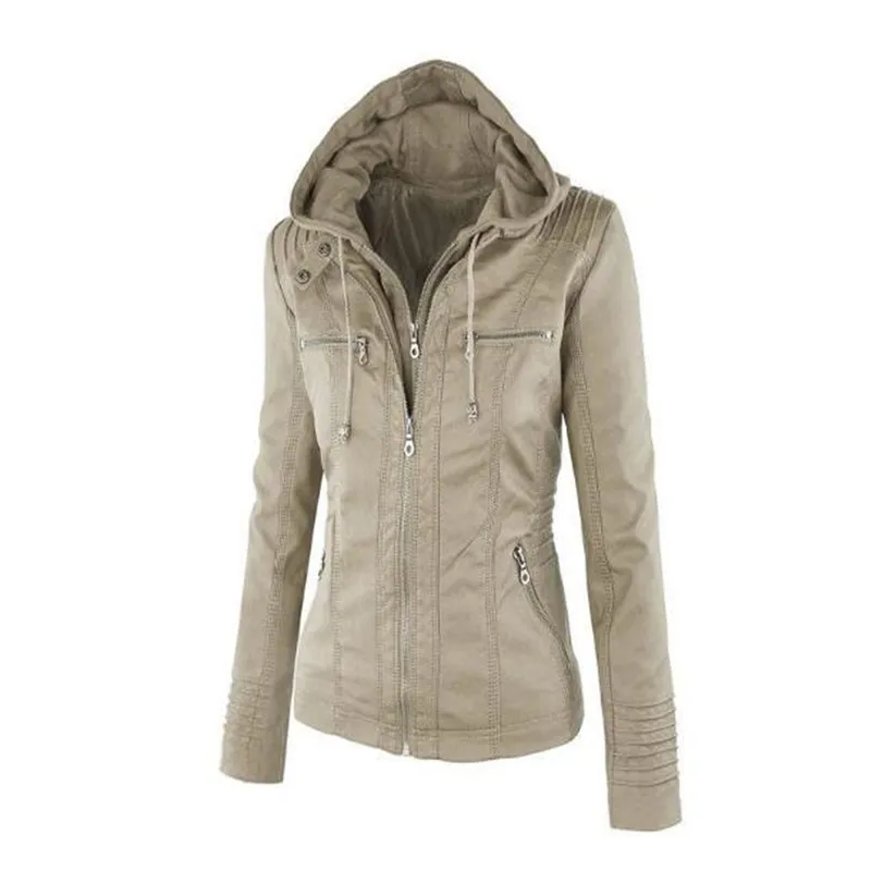 2023แฟชั่นฤดูหนาวหนังสังเคราะห์แจ็คเก็ตสตรีเสื้อแจ็คเก็ตพื้นฐาน Hooded แบบบางสีดำรถจักรยานยนต์เสื้อคลุมสตรีหญิง XS-7XL