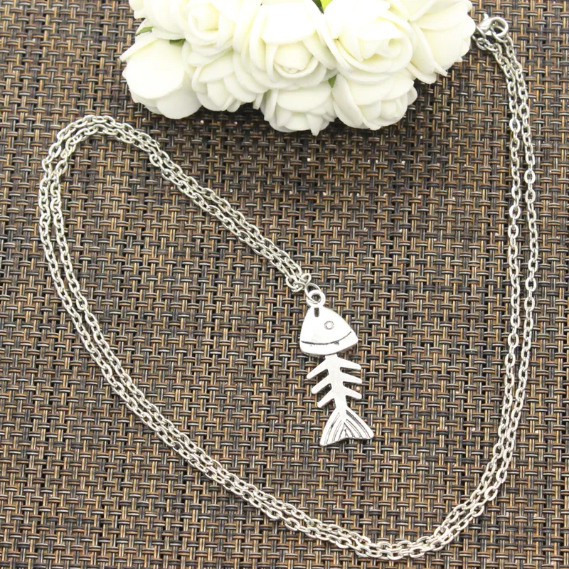 New Fashion Fish Bone Pendants Round Cross Chain Short Long Mens Womens DIY Silver Color Necklace Jewelry Gift