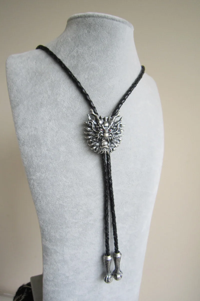 Collier Vintage en cuir plaqué argent, perle blanche, Dragon Bolo, cravate de cou