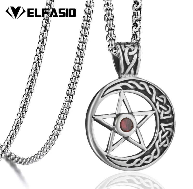 

Mens Womens Stainless Steel Pendant Chain Celtic Star Red Stone Necklace Fashion Jewelry