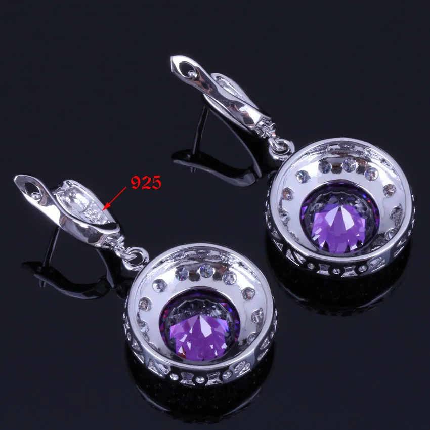 Very Good Round Purple Cubic Zirconia White CZ Silver Plated Jewelry Sets Earrings Pendant Chain Ring V0991