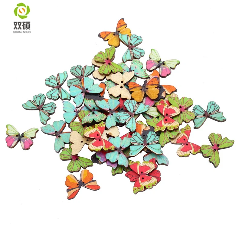 ShuanShuo Butterfly Style Wooden Buttons Hand Printed DIY Jewelry Colorful Mixed Wood Buttons For Hat, Shoes, Clothes 50PCS/Bag