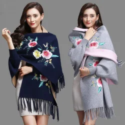 Women Scarf Oversized Winter Scarves Shawl Embroider Thick  Warm Tassels Cotton Wool Blend Poncho Floral Women's Scarf Cape