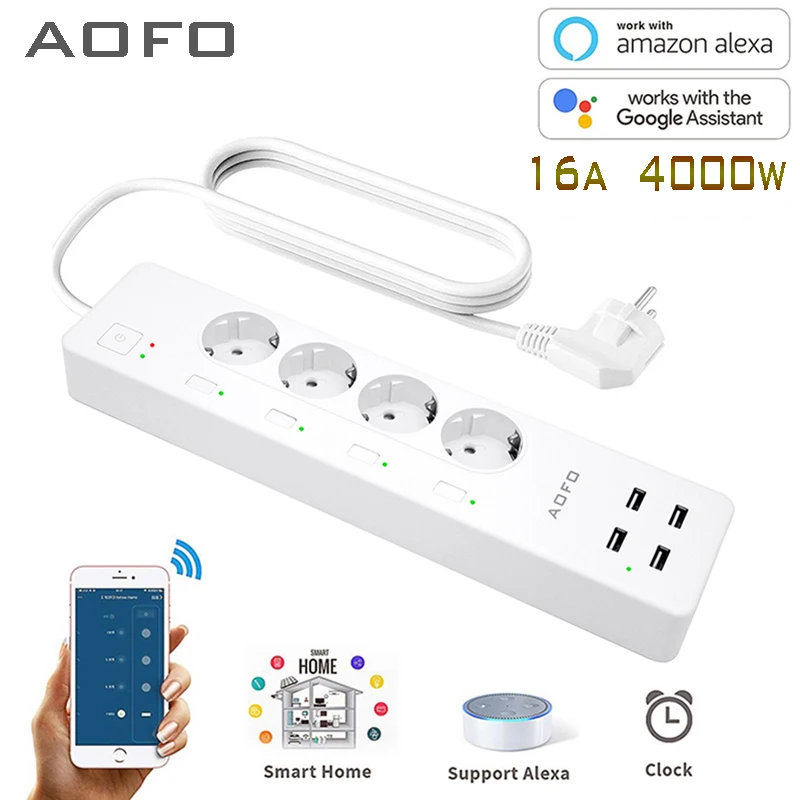 WiFi Smart Power Strip Surge Protector with 4 Smart Plugs  4 USB Ports Extension Cord, Work with Alexa & Google Assistant