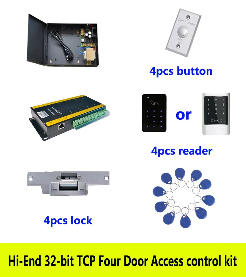 

Высокопроизводительный 32-битный комплект управления доступом, четырехдверный TCP/Ip + Powercase + Блокировка удара + считыватель ID сенсорной клавиатуры + кнопка + 10 идентификационных бирок, Sn:Kit-AT401