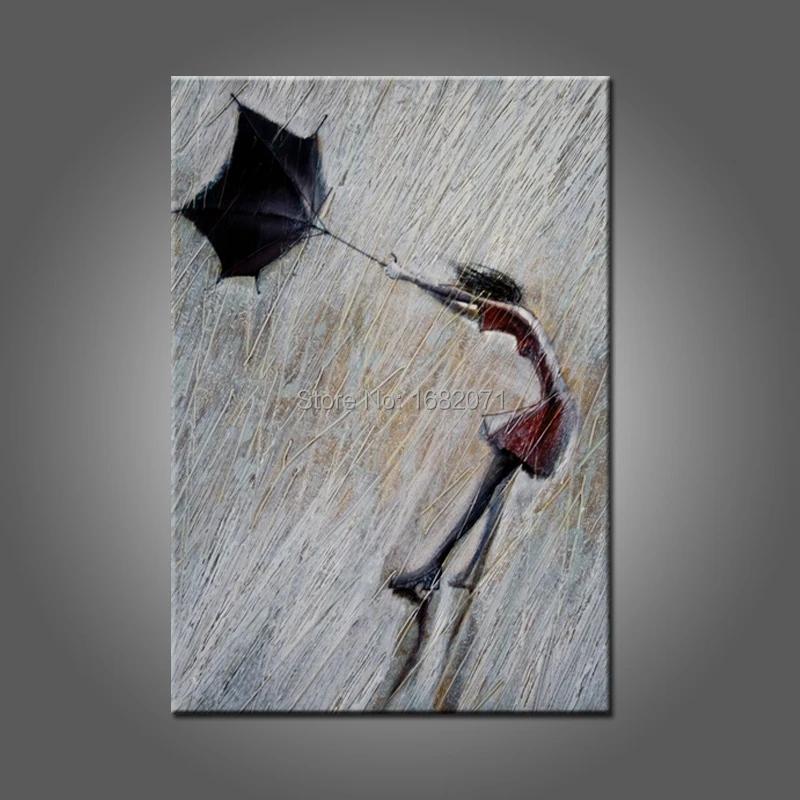 

Free Shipping Low Price Modern Oil Painting Artist Hand-painted Rainy Day Catching Umbrella Lady Portrait Oil Painting