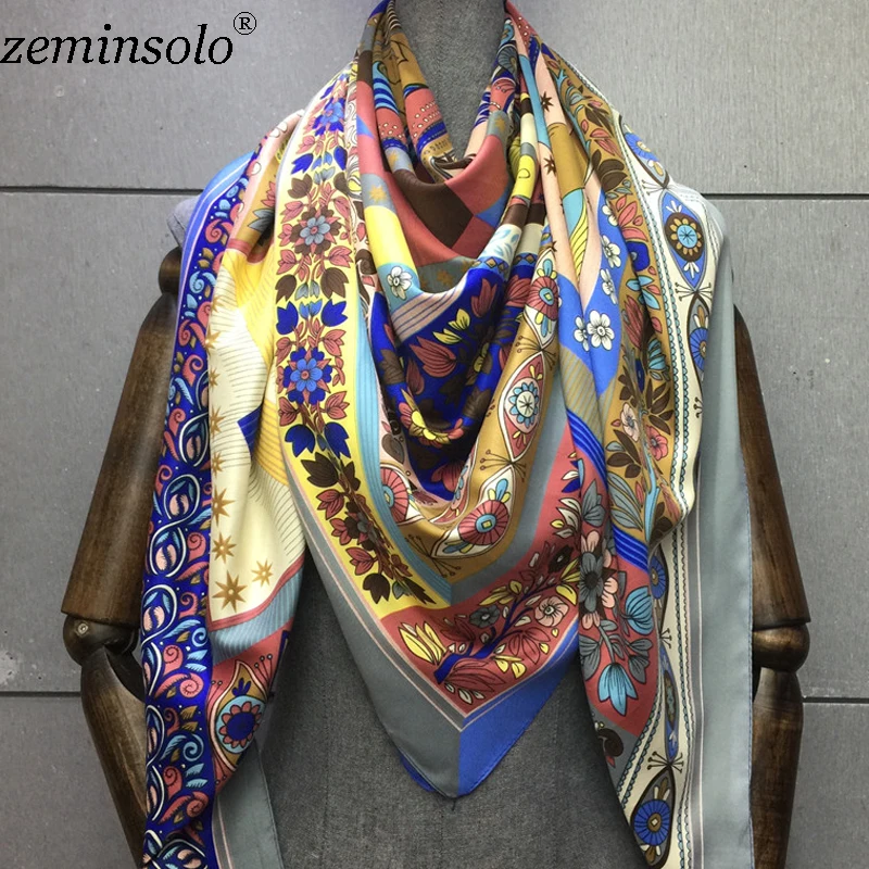 130*130cm Bandana 100% Silk Scarf Women Floral Painting Square Satin Scarves Fashion Brand Ladies Neckerchief Shawls Hijabs