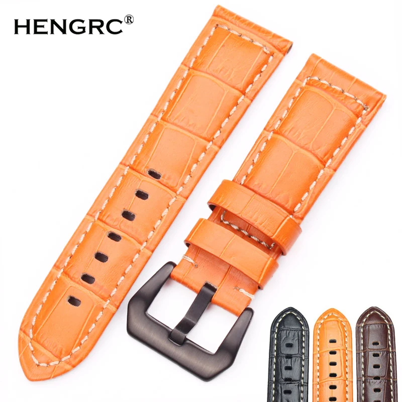 HENGRC Watchbands 22mm 24mm Men Brown Black Orange Thick Genuine Leather Watch Band Strap Watch Accessories