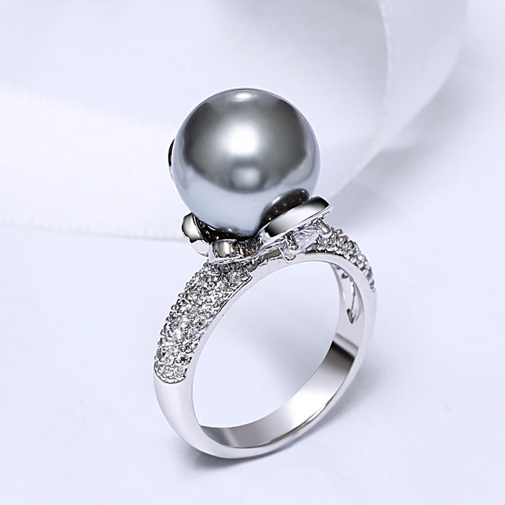 DreamCarnival 1989 Brand New Elegant Wedding Ring for Women Grey Pearl Micro Cubic Zircon Paved Jewelry Party Must Have WA11530