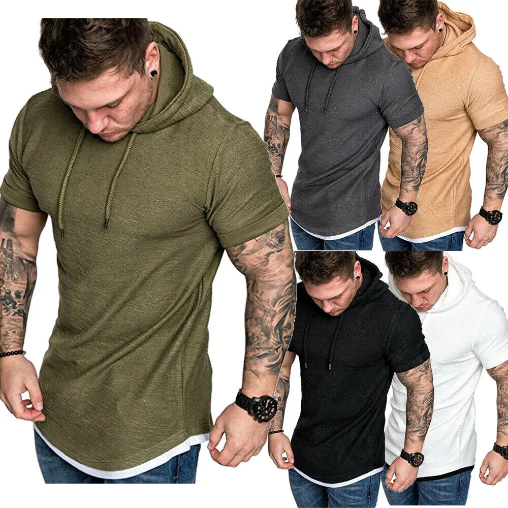 2020 New Fashion Mens Fit Summer Slim Summer Short Sleeve T-Shirt Casual Shirt Tops Clothes Hooded Muscle Tee