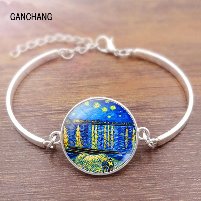 Van Gogh metal bracelet men and women fashion glass convex round dome convex starry night jewelry sunflower fashion gift