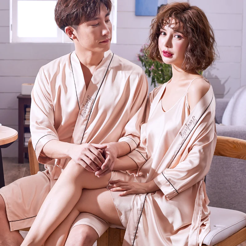 

Couple's Nightwear Female Imitation Silk Sexy Sleeping Dress Summer Thin Ice Silk Nightwear Male Soft Bathrobe Pajamas H5530