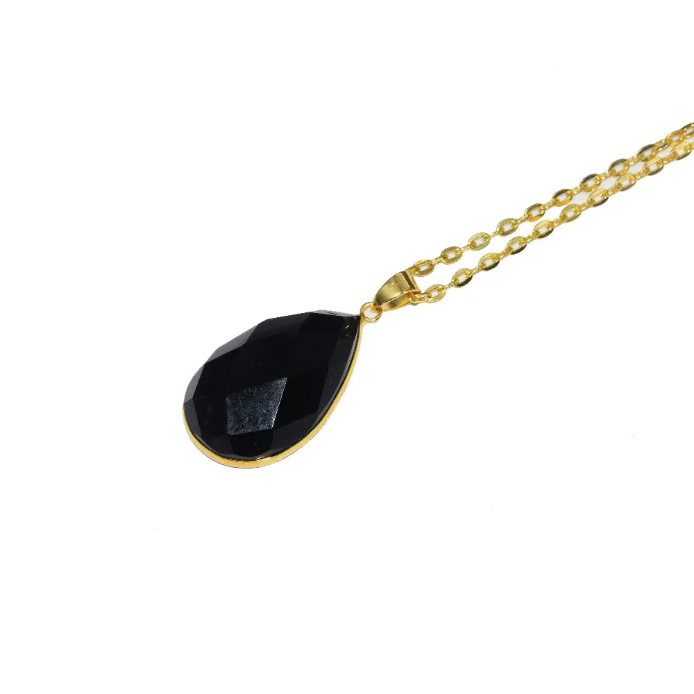 Fashion Women Jewelry Gem Stone pendant chain Necklace Faceted natural black obsidian water drop Pendant Necklace for men