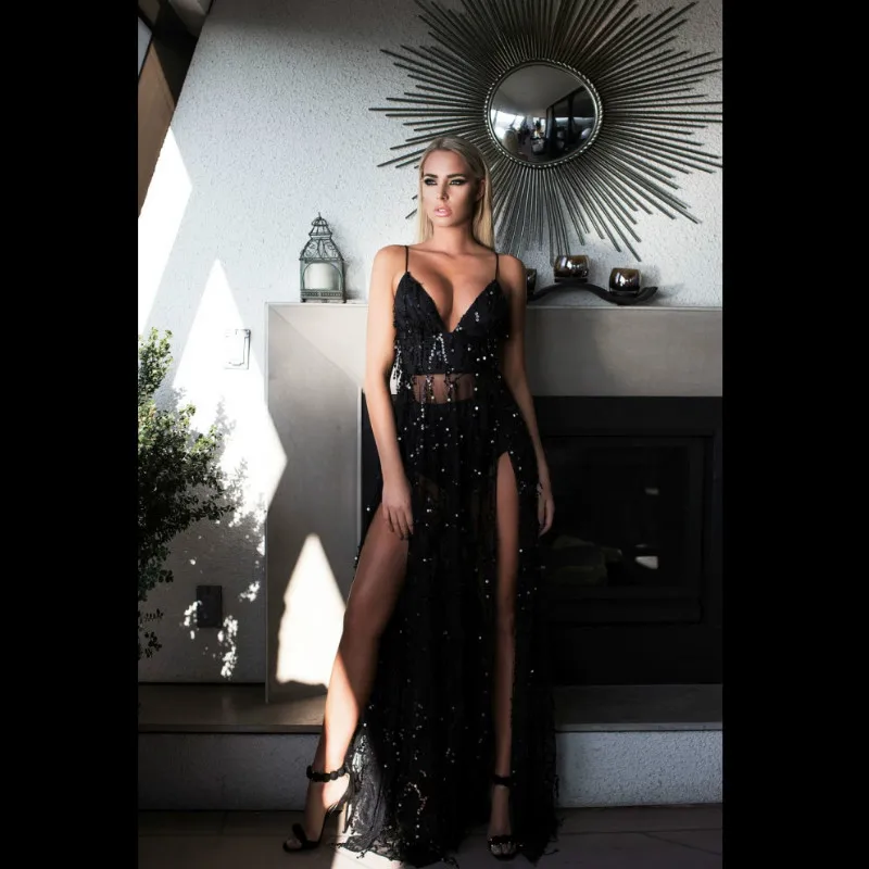 Ruoru Lustrini Frange Maxi Vestiti Lunghi Sexy di Lunghezza Del Pavimento Vestiti Da Partito Nero Robe Femme Backless Della Cinghia di Spaghetti