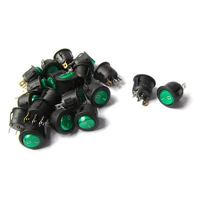 20PCS 250V/6A 125V/10A AC SPST 3P Green Lamp Panel Mount Round Rocker Switch