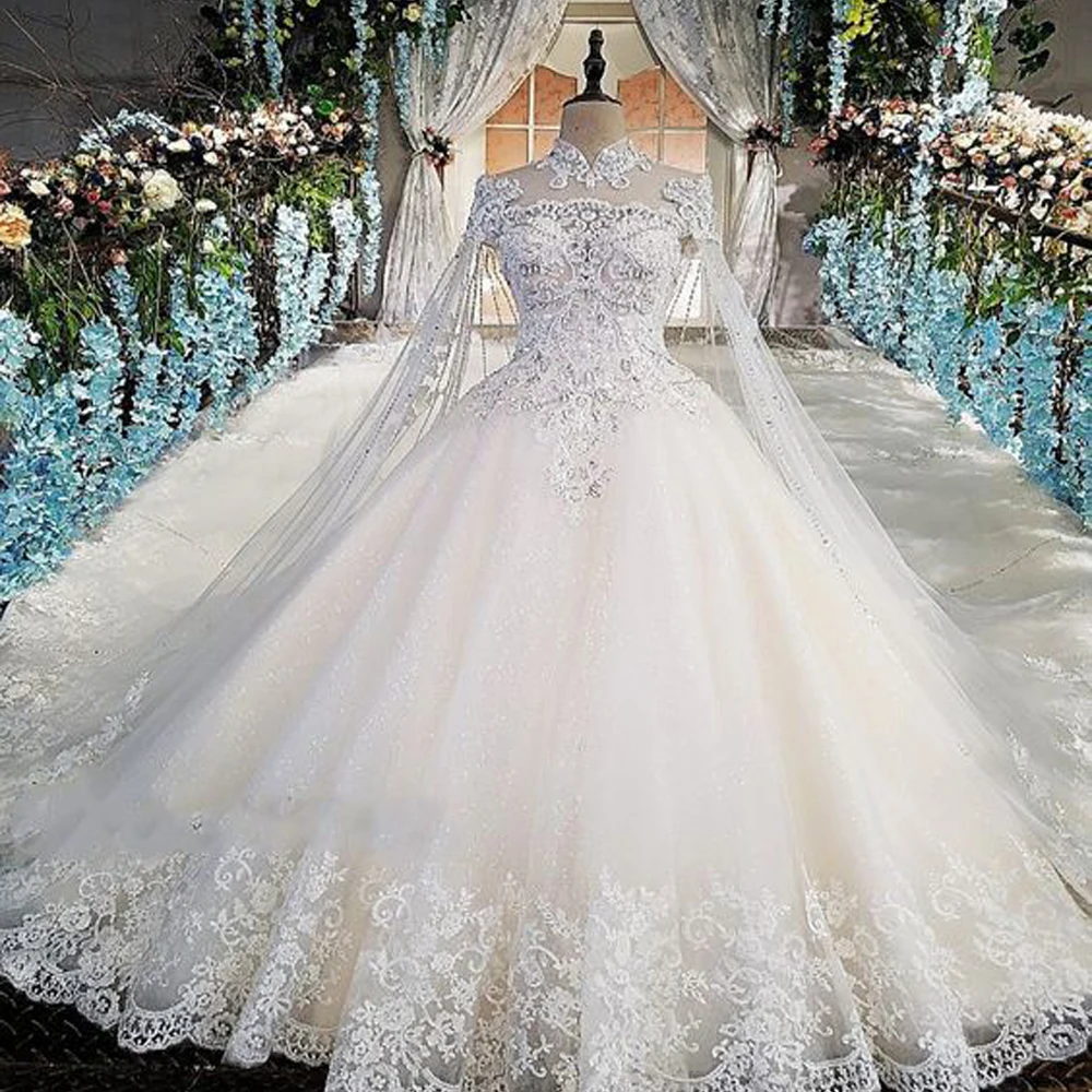 

Wedding Dresses 2019 Long Sleeve Crystal Beading Lace Appliques Modest High Collar Bridal Dresses Chapel Train Wedding Gowns