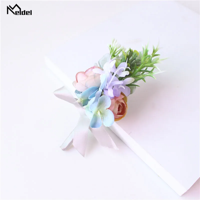 Meldel stanik mężczyźni Boutonniere Pin Bridal Wrist Corsages burgundii druhna różowy bransoletka Groom Prom ślub kwiat akcesoria