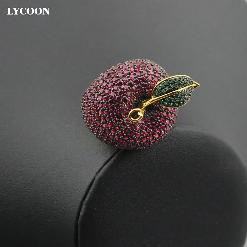 LYCOON elegant crystal apple rings food style yellow gold-color luxury prong setting rose red/green Cubic Zirconia for women