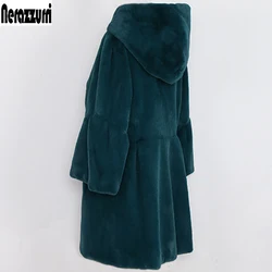 Nerazzurri Autumn Soft Faux Fur Coat Women with Hood 3/4 Flare Sleeve Pleated Colored Stylish Fluffy Furry Jacket Korean Fashion