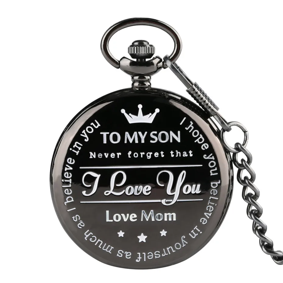 

Black 'TO MY SON' Quartz Pocket Watch Men Casual Carving Word Men's Watches Timepieces Gifts form MOM 2019 New Clock Boy Gift