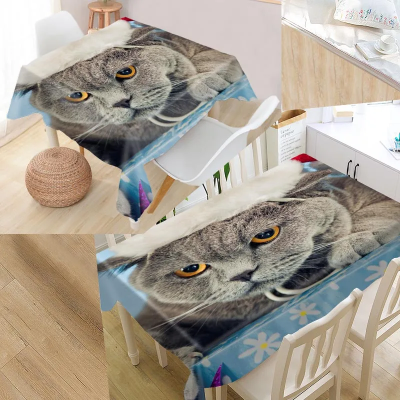 Custom Cat 02 Animal Pet Table Cloth Oxford Print Rectangular Waterproof Oilproof Table Cover Square Wedding Tablecloth