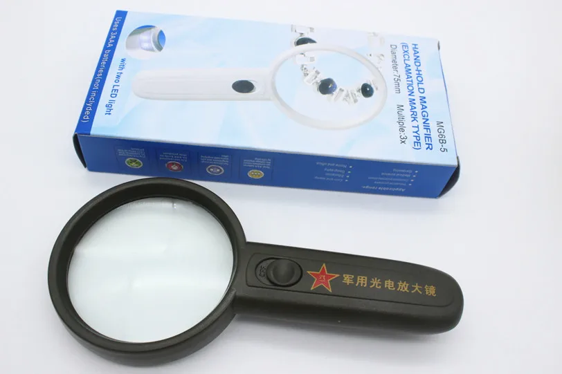 3 Times 75mm  Army Green Magnifer Child Toy Pocket Handheld Magnifying Glass loupe Magnifier for Old Man with 2 LED lamp Lights