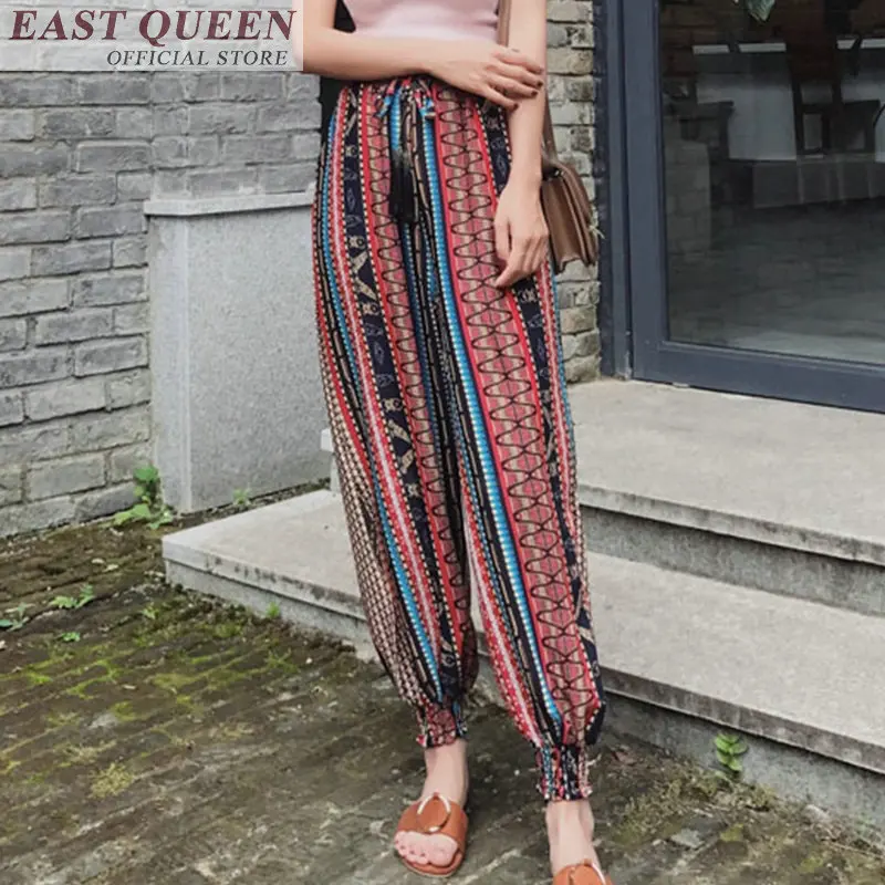 

Women casual harem pants chiffon floral print high waist ankle-length pants drawstring fashion loose boho trousers DD763 L