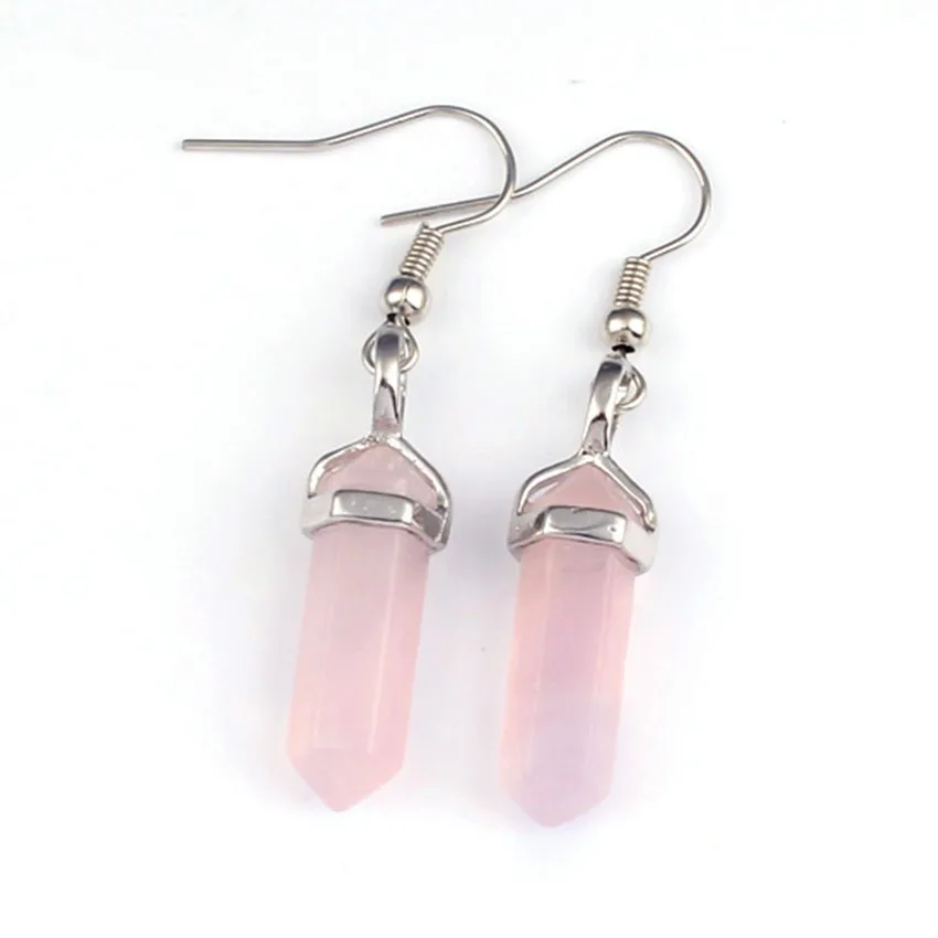 Natural Crystal Stone Earring For Women Girls Dangel Hook Hexagon Column Amethyst Rose Quartz Stone Earrings Women Jewelry Gifts