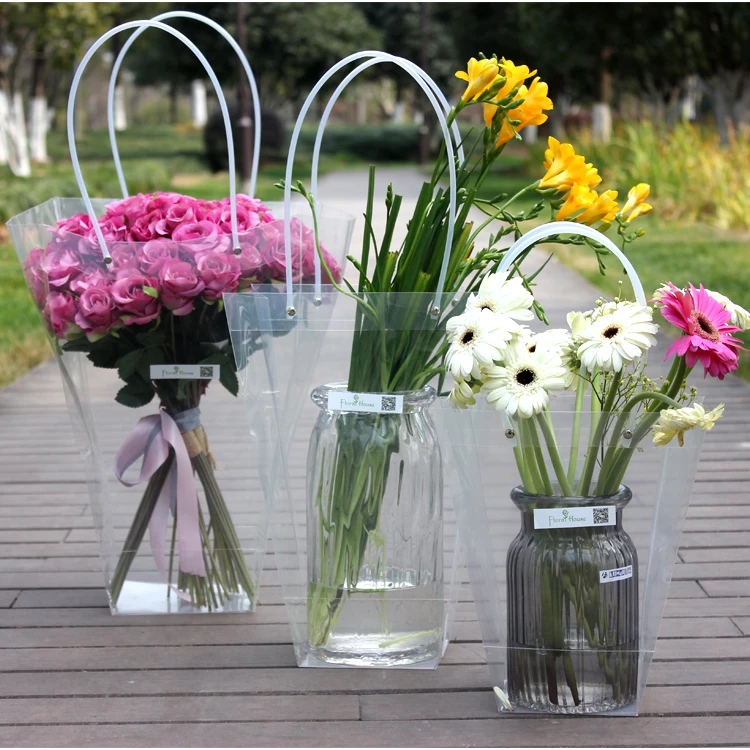 2018 new arrival t shaped pvc gift bags with handle flower contatiner bag clear plastic handbag supplies transparent hand bags