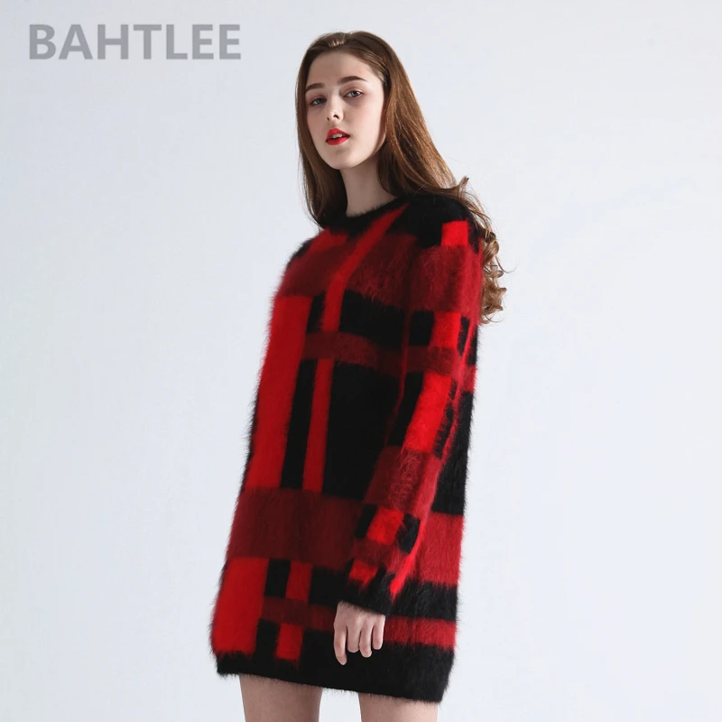 BAHTLEE-Women's Angora Rabbit Knitted Pullovers, Long Wool Sweater, Sleeve, O-Neck, Keep Warm, Autumn, Winter