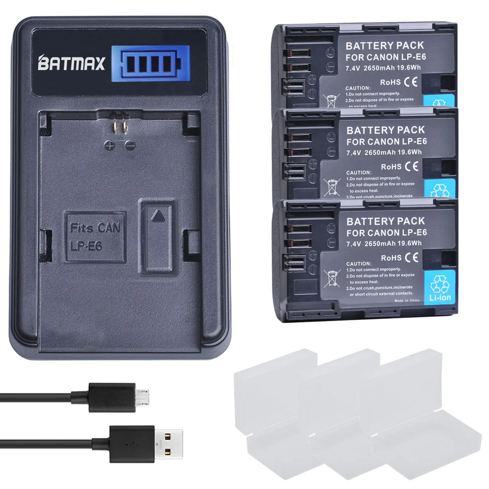 

2650mah 3x LP-E6 LP E6 lpe6 Batteries Bateria+LCD USB Charger for Canon 5D Mark II III 7D 60D EOS 6D 80D 70D XC10 5DS