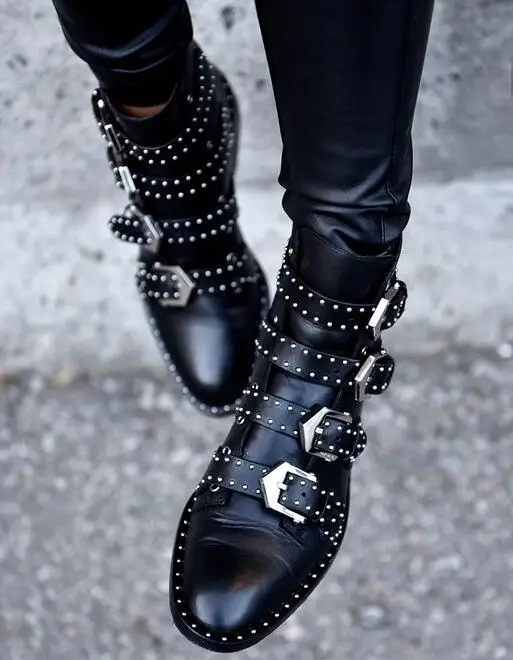 2017 Black Studded Buckle Boots Silver-tone studded women boots hardware Four straps Ankle-high buffed calfskin boots in black