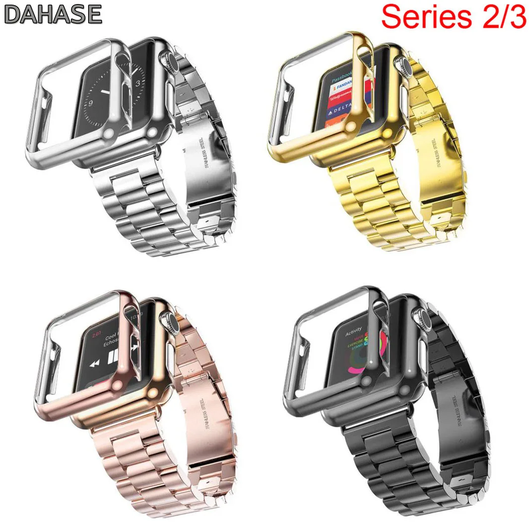 DAHASE Classic Stainless Steel Strap for Apple Watch Series 3 Band Gold Plated Cover Bumper Case for Series 2 Watch Band 42/38mm