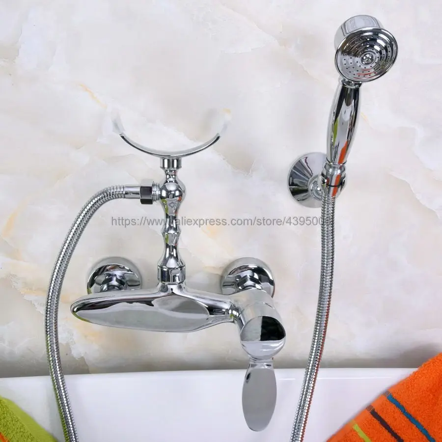 

Polished Chrome Wall Mounted Bathroom Shower Faucet Set With Hand Shower Head Mixer Tap Bna256