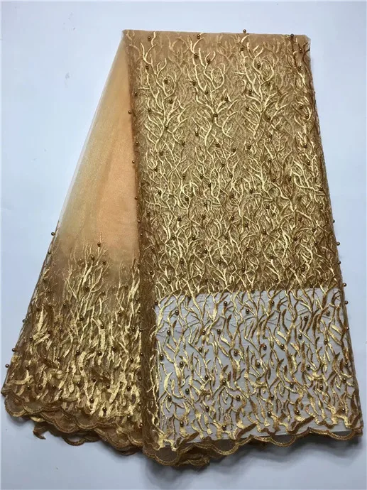 

Nigerian Party Wedding Styles Tulle Beaded Pearl Lace Fabric With Embroidered Designs Wholesale 5Yrd/Lot Gold Color