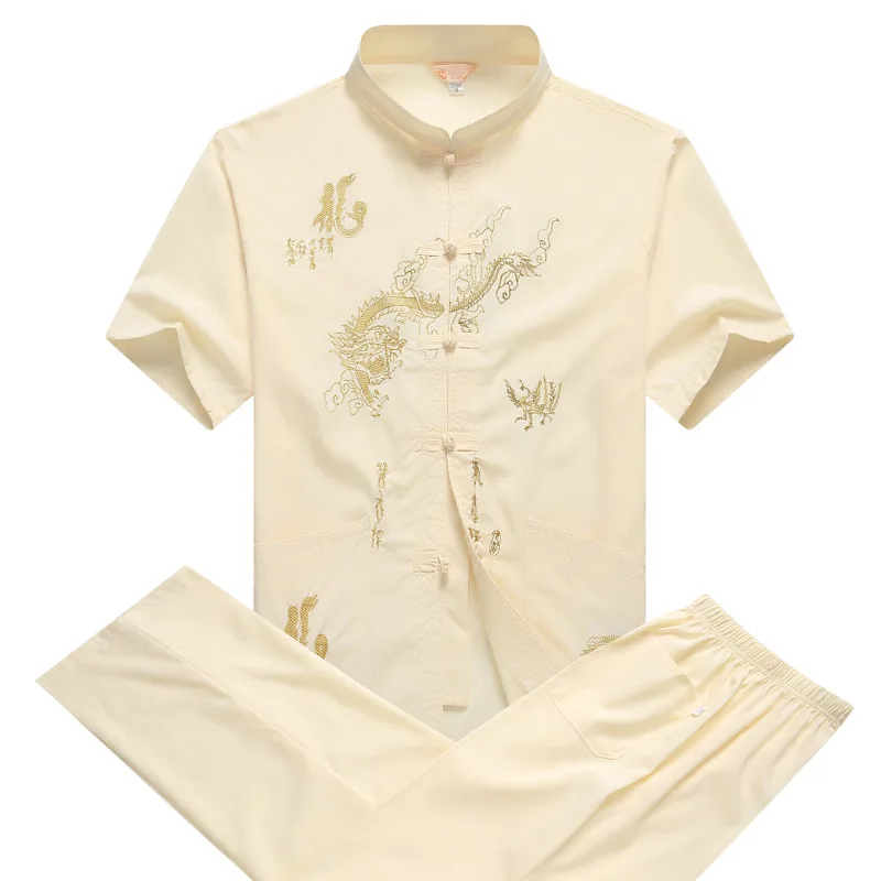 Camisa y pantalón de manga corta con cuello mandarín para hombre, traje Tang de dragón Oriental, ropa tradicional china de Kung Fu, informal