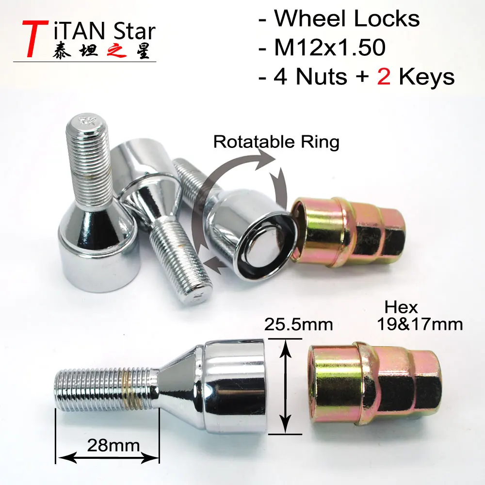 4Bolts  2Keys M12x1.50x28mm 1.50 Wheel Locks Bolts Silver Anti sheft Security Nuts Fit For Renault Sandero Megane II  Qoros 3 5