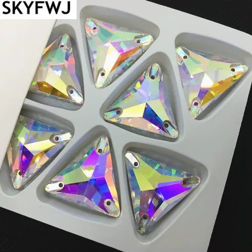 Clear AB Color 12mm 16mm 22mm Glass Crystal Tri-angle Sew On Rhinestones 3 Holes Sewing On Stone DIY Garment Jewelry Stone